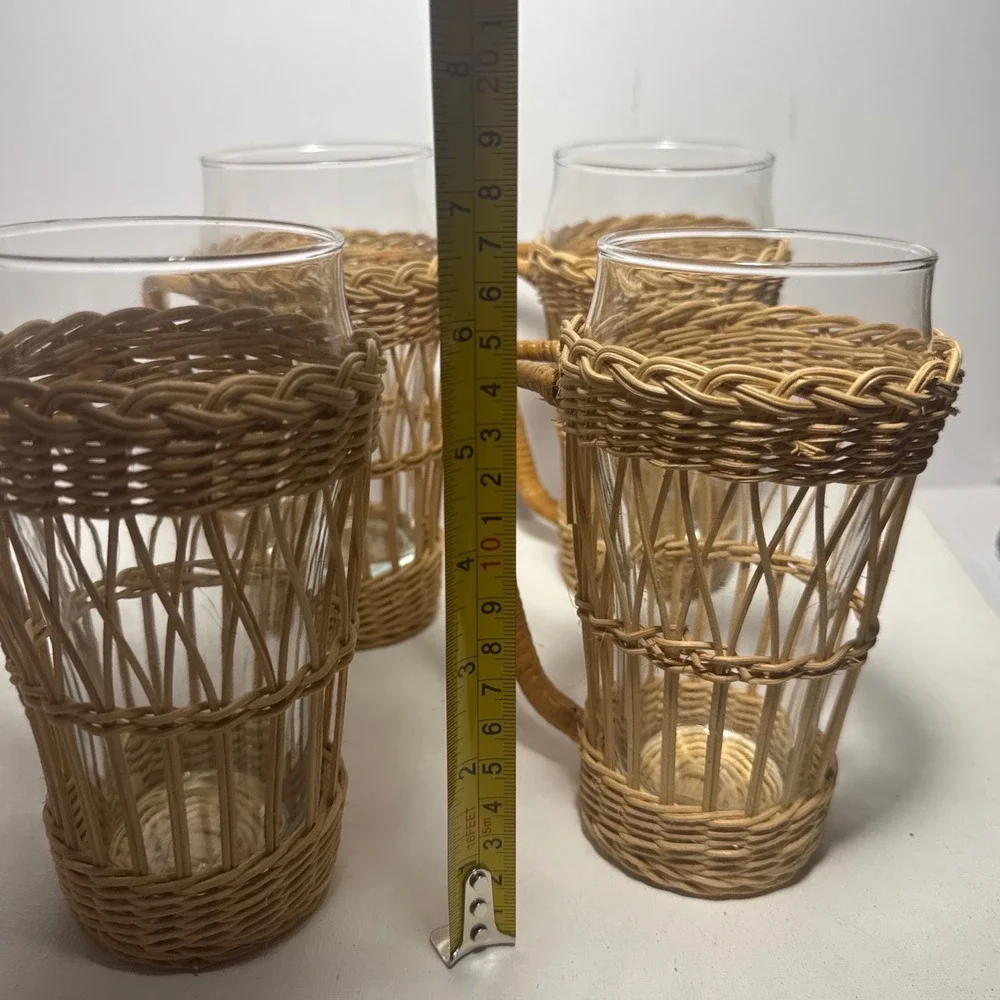 Wicker Glass Mugs Set of 4 Tan Boho Rattan Sleeves Cottagecore